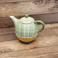 Load image into Gallery viewer, Green stripe/white poke a dot tea pot &amp; cup set