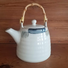 Load image into Gallery viewer, White Teapot (blue accents and bamboo handle)