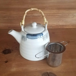 White Teapot (blue accents and bamboo handle)