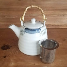 Load image into Gallery viewer, White Teapot (blue accents and bamboo handle)