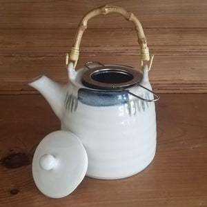 White Teapot (blue accents and bamboo handle)