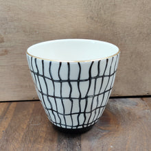 Load image into Gallery viewer, B&amp;W Pattern Tea Cup w/ Gold Rim
